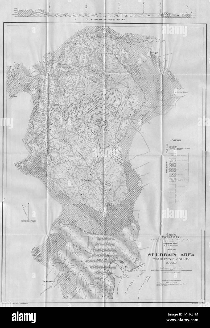 CANADA. St Urbain area Charlevoix county Quebec. Geology 1927 old vintage map Stock Photo Alamy
