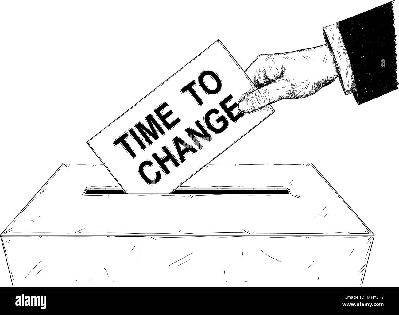 Vector Artistic Illustration or Drawing of Voter's Hand Putting Envelope With Time to Change Text in Ballot Box Stock Vector