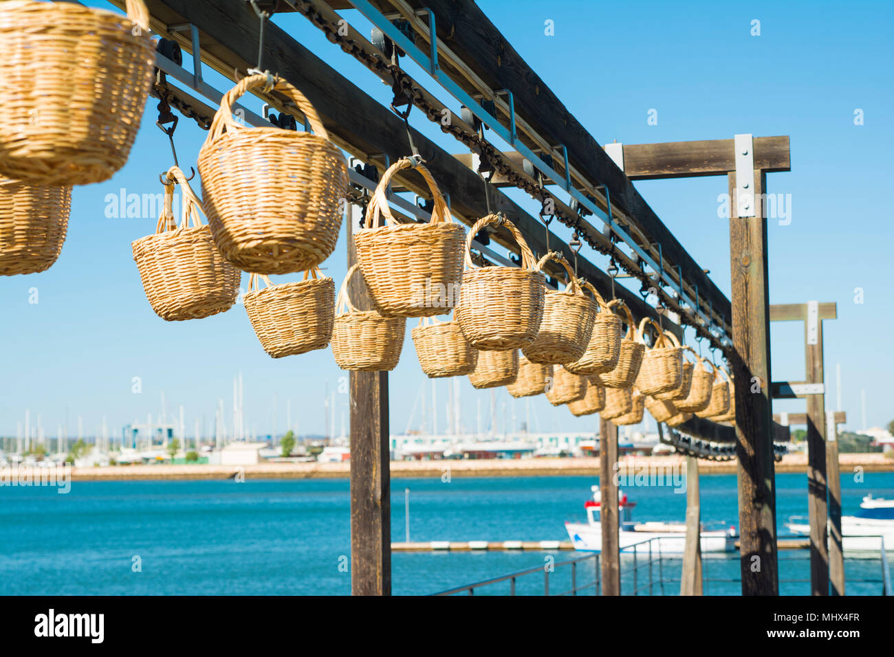 Straw baskets for transporting fish from the ocean to the shore Stock