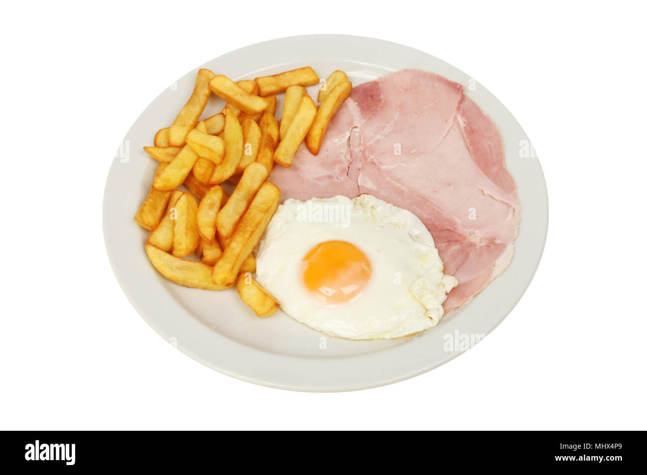Ham egg and chips on a plate isolated against white Stock Photo Alamy