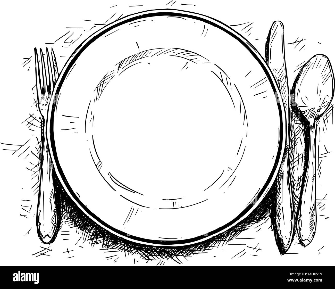 Vector Artistic Illustration or Drawing of Empty Plate, Knife and Fork
