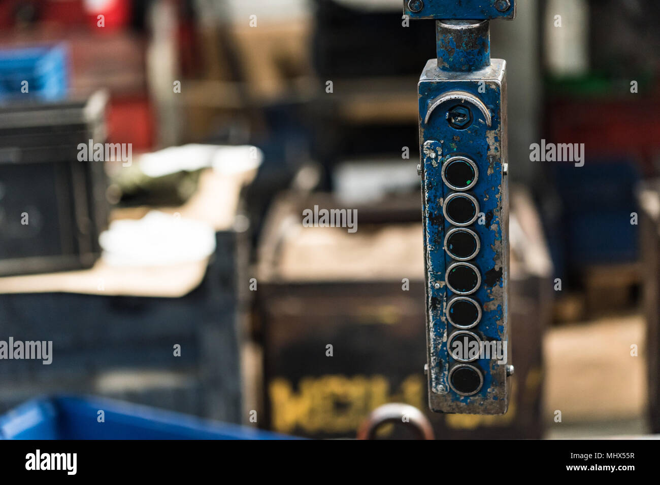 Close-up of overhead crane vintage grungy remote control tool Stock Photo