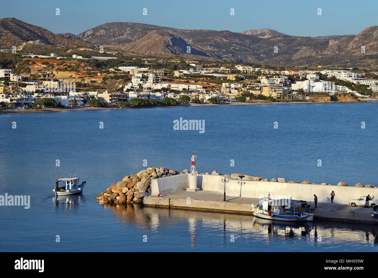 The fishing port of Makry Gialos (or 'Makrygialos') village, Ierapetra Municipality, Lasithi, Crete island, Greece. Stock Photo
