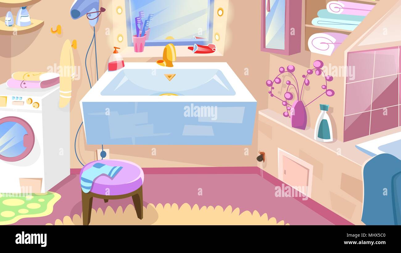 Cartoon Bathroom. Bathroom Interior with bathtub, faucet toilet sink ...