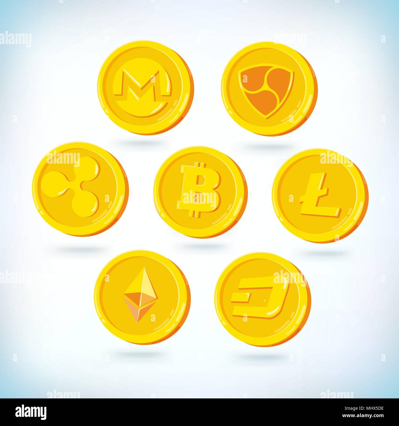 Cryptocurrency icons set. Cryptography currency. Bitcoin, Dash, Ethereum, litecoin, monero, nem, ripple golden coins. Financial technology. Digital currency. 2D cartoon bit coin isolated white background. Blockchain for internet money. Stock Vector