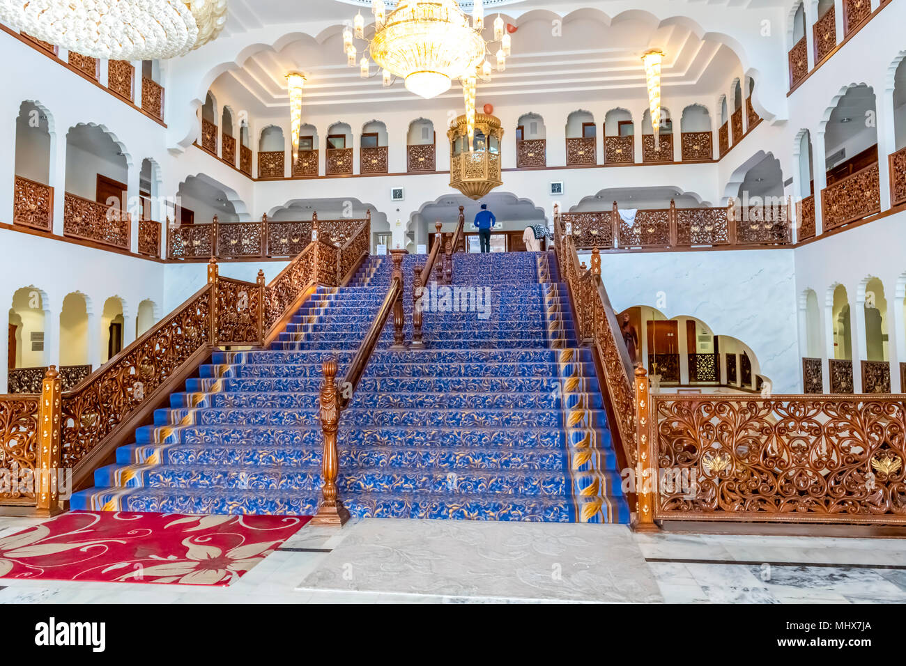 Main staircase inside Guru Nanak Darbar Gurdwara, the magnificent sikh temple ( Gurdwara )  in Gravesend Kent Stock Photo