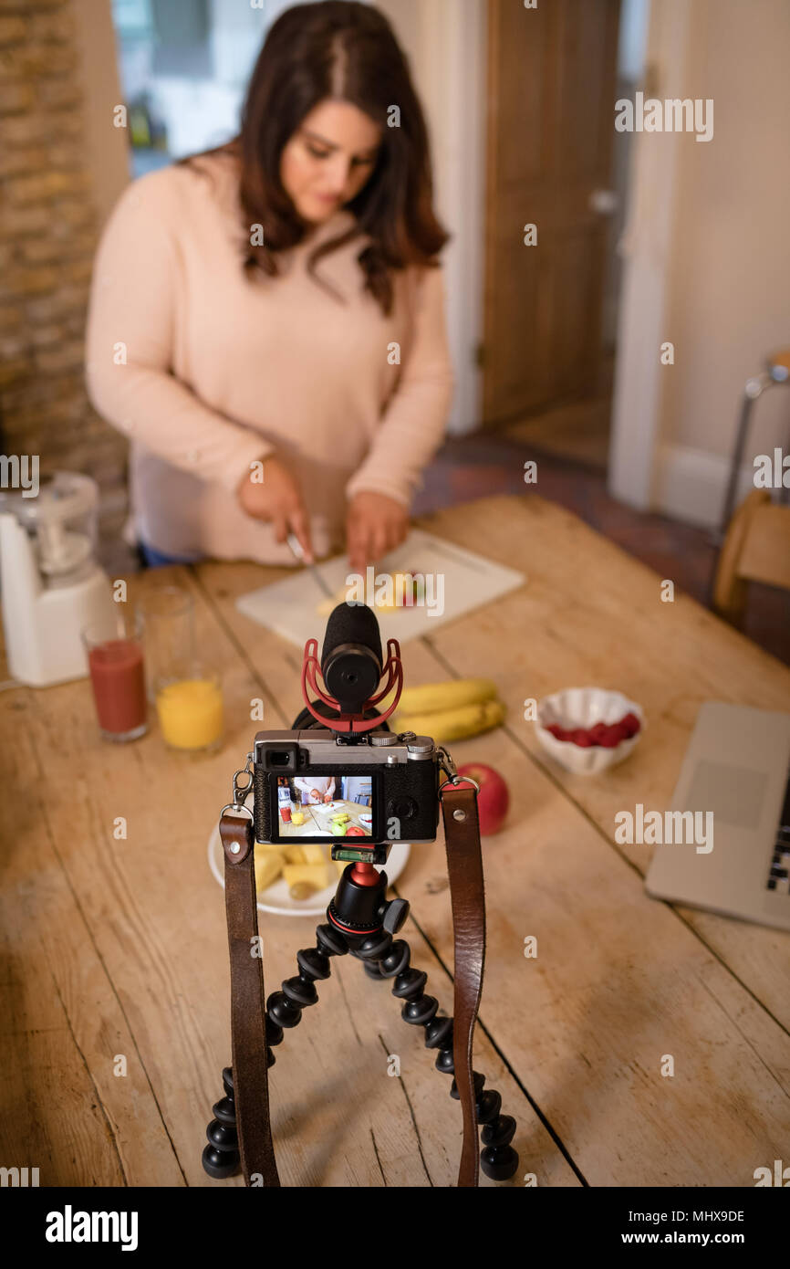 Female video blogger recording video vlog Stock Photo - Alamy