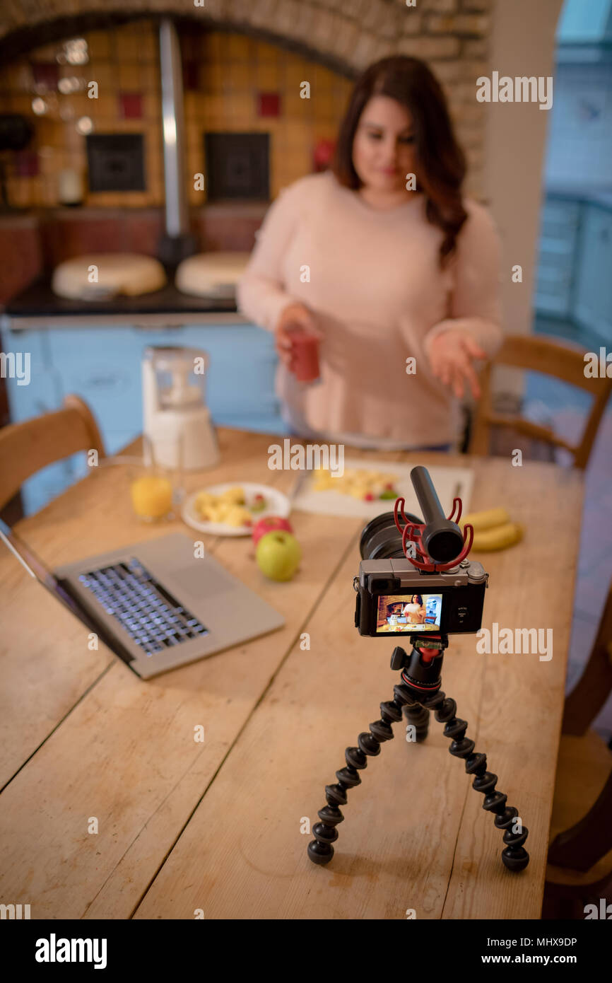 Female video blogger recording video vlog Stock Photo
