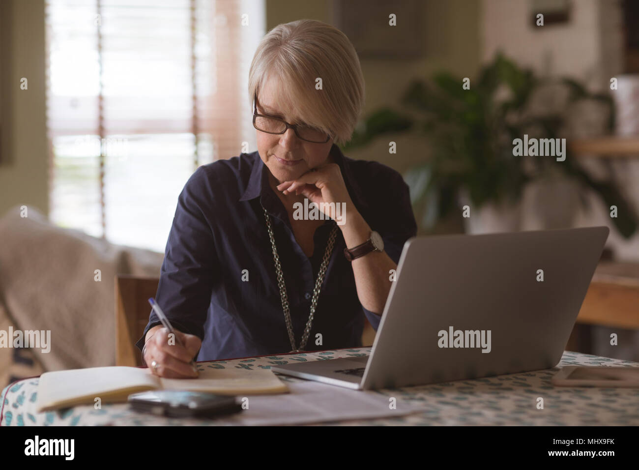 Mature woman writing in diary while using laptop Stock Photo