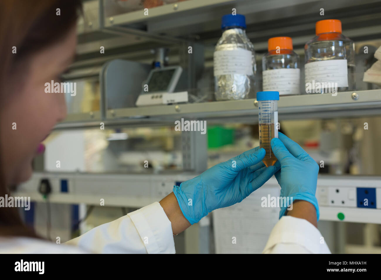 Scientist checking a solution in test tube Stock Photo