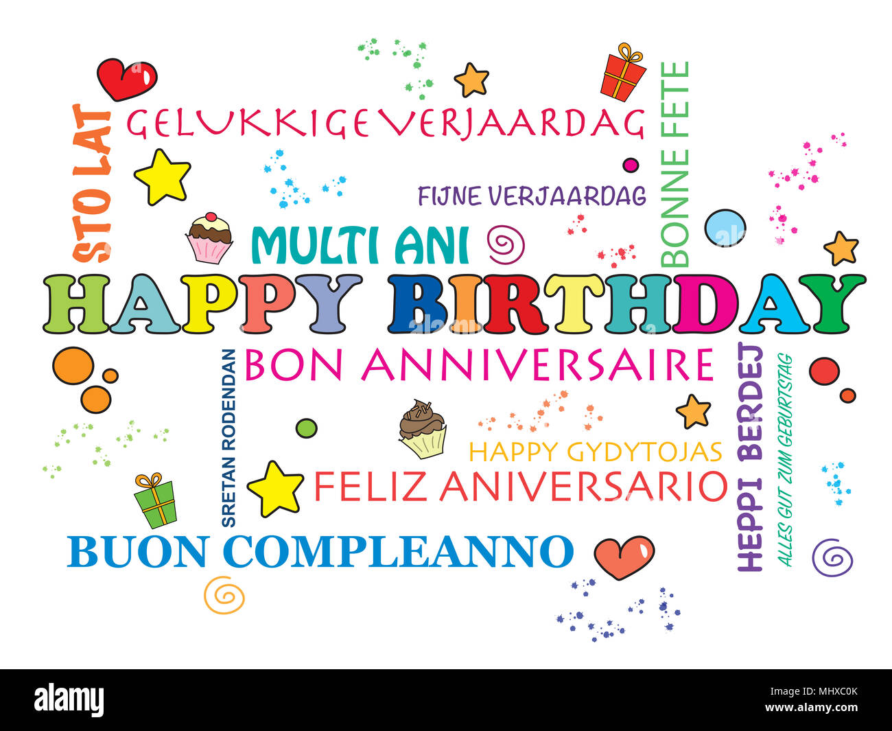 card with happy birtday in different languages Stock Photo - Alamy
