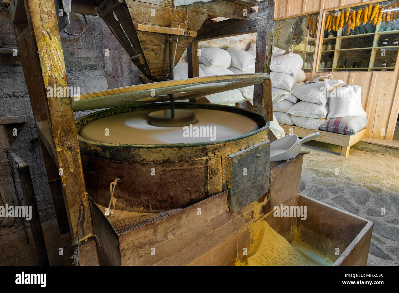 View of the interior of a traditional water mill producing corn flour