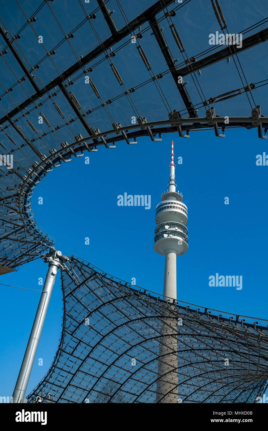 Munich TV Tower with architectural detail in the foreground, Munich, Bavaria, Germany, Europe, PublicGround Stock Photo