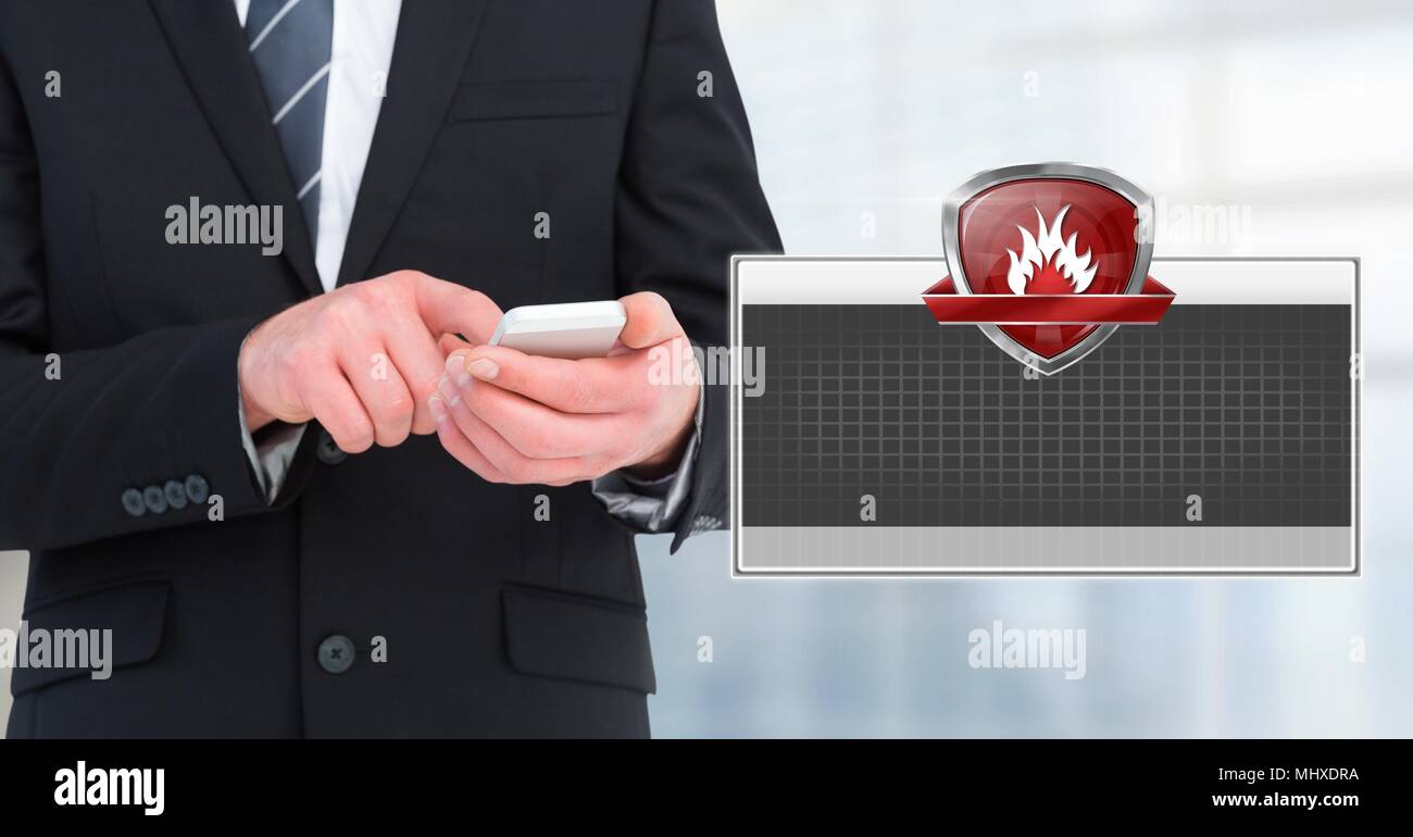 Firewall shield icon box and man using phone Stock Photo