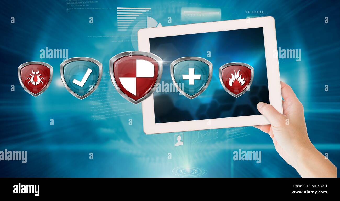 Antivirus security protection shields and hand holding tablet Stock Photo -  Alamy