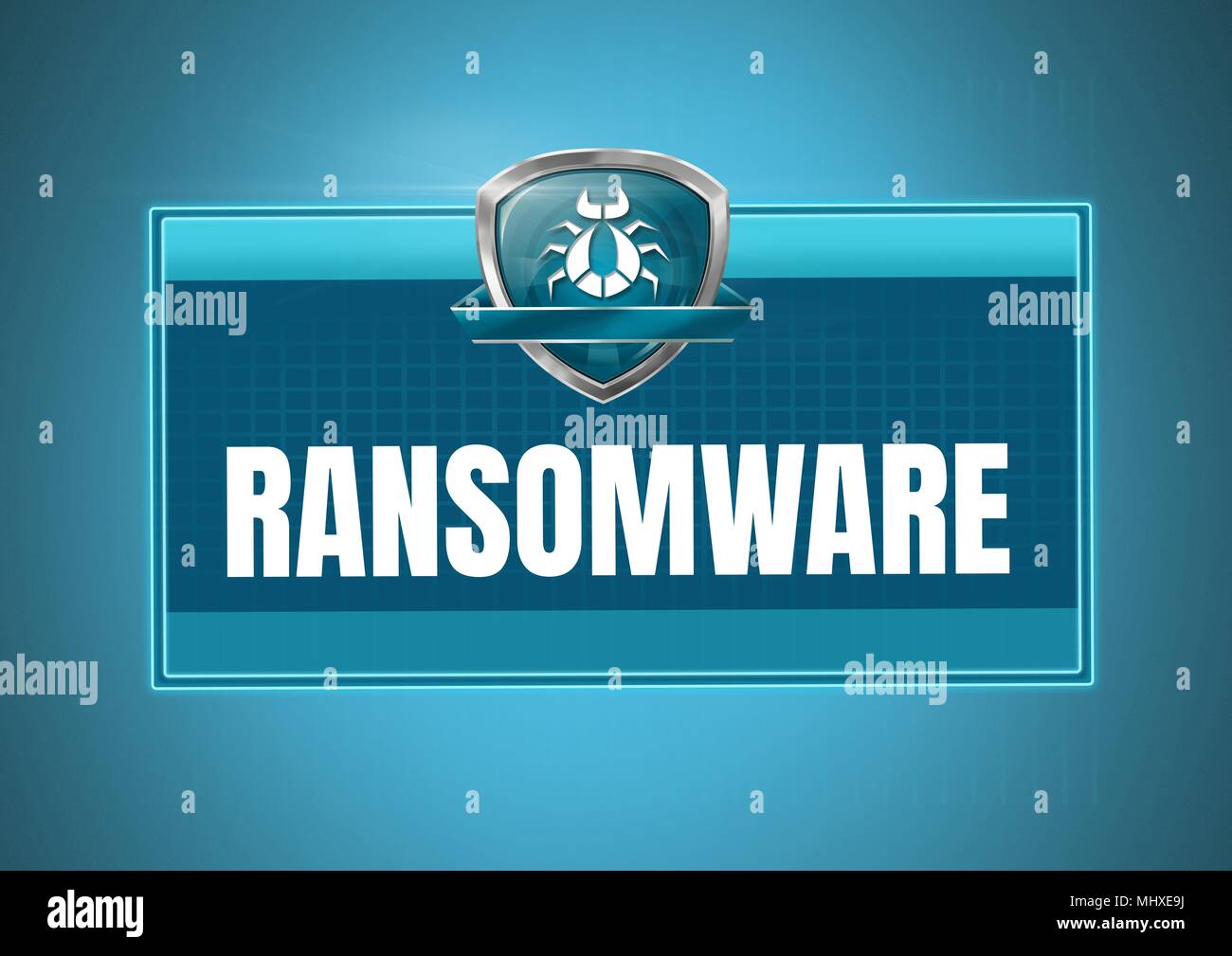 Ransomware security protection shield bug box on blue background Stock ...