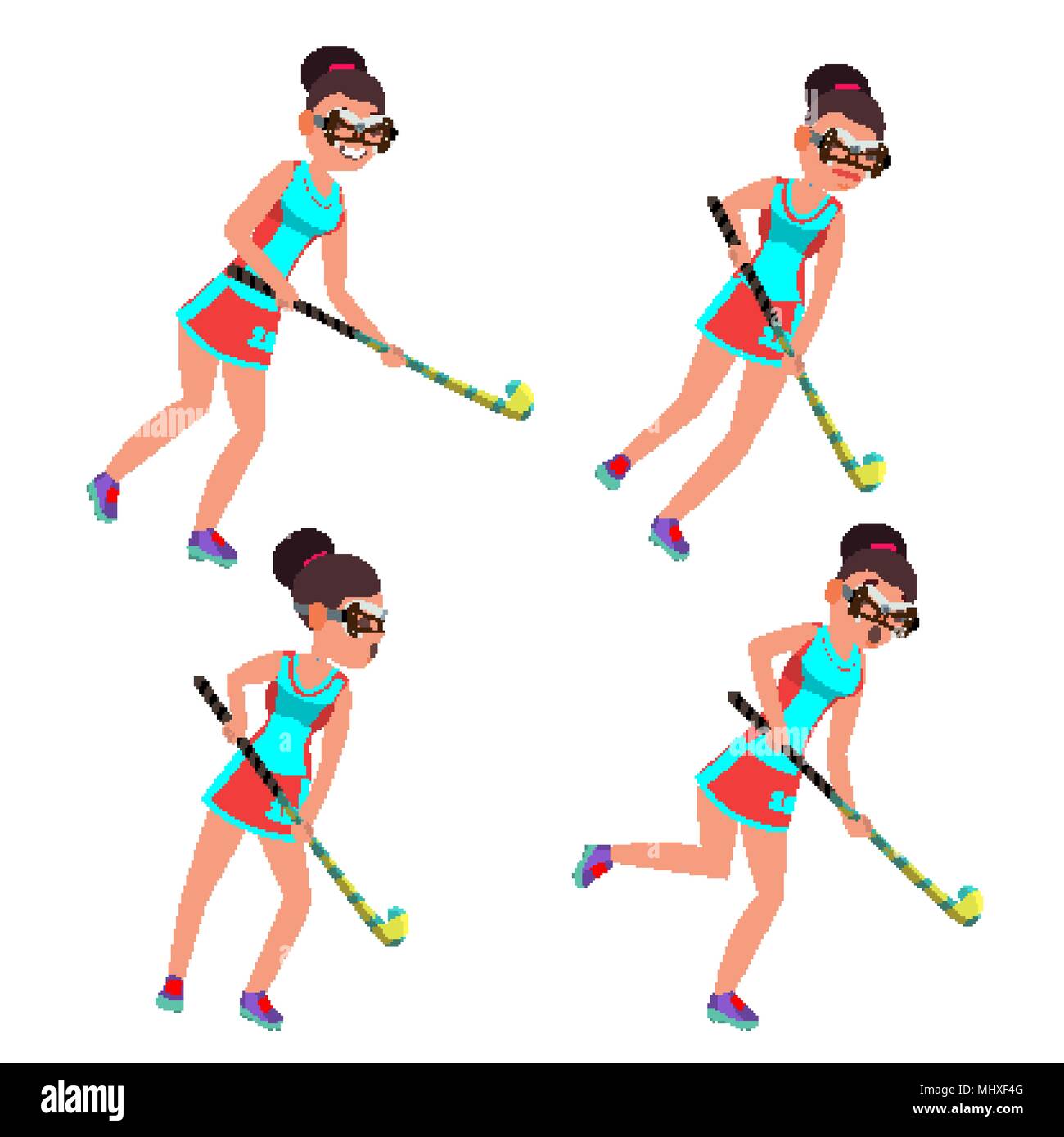 Young Woman Field Hockey Player Vector. Grass Hockey Game. Girl. Flat Cartoon Illustration Stock Vector
