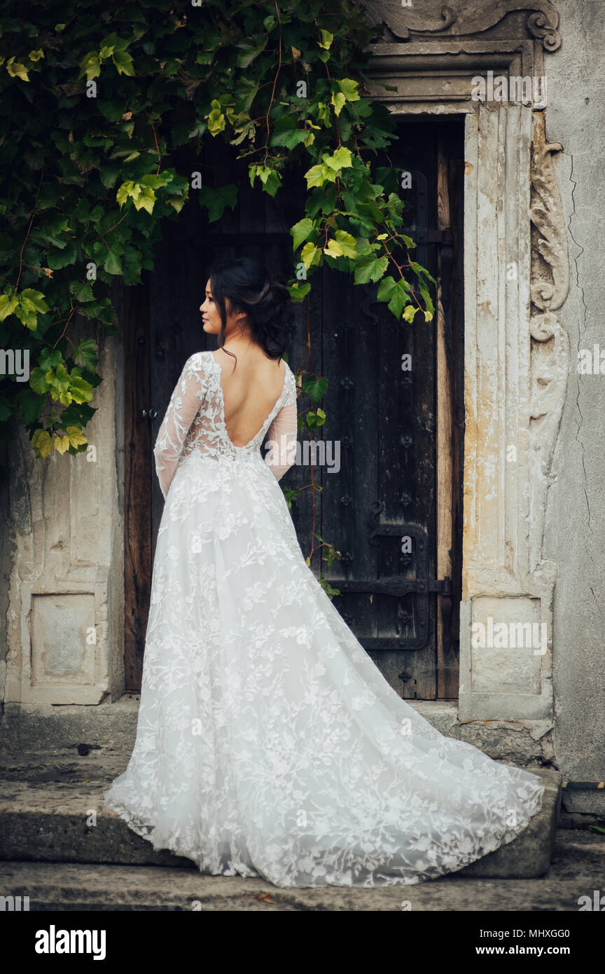 Back view of bride in elegant wedding dress against old door with green ...