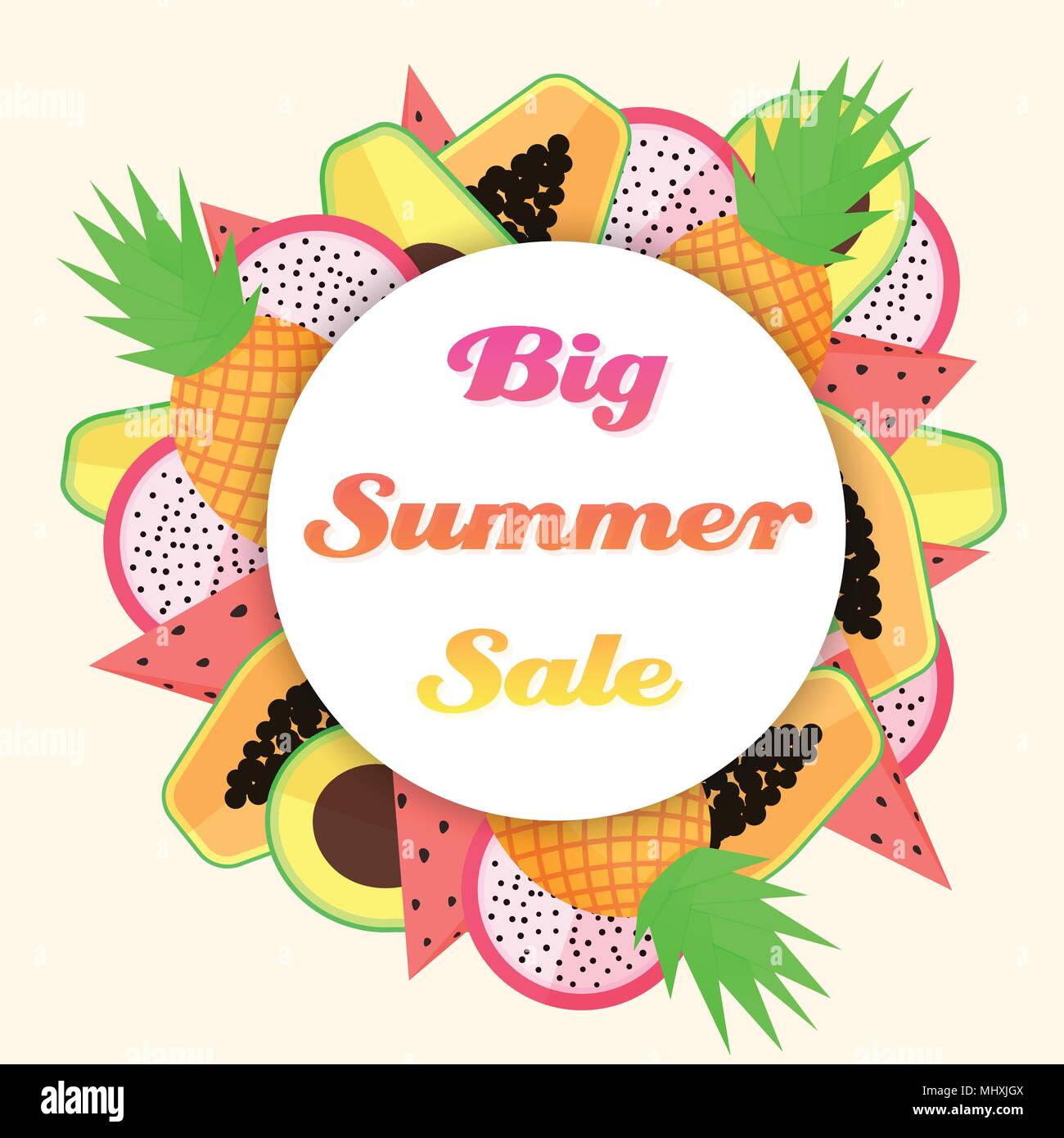 Vector tropical fruit big summer sale template. Includes watermelon, dragon fruit, papaya, avocado and pineapple. Stock Vector