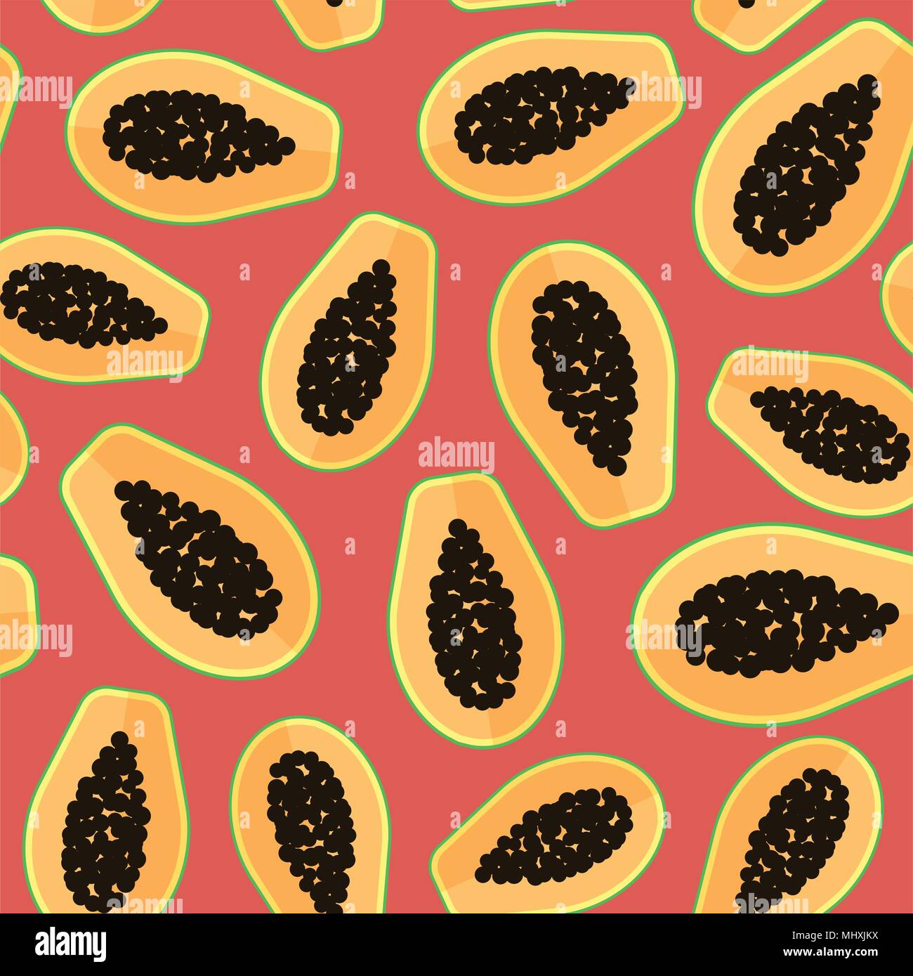 Vector papaya exotic fruit seamless pattern in flat style on the red background Stock Vector