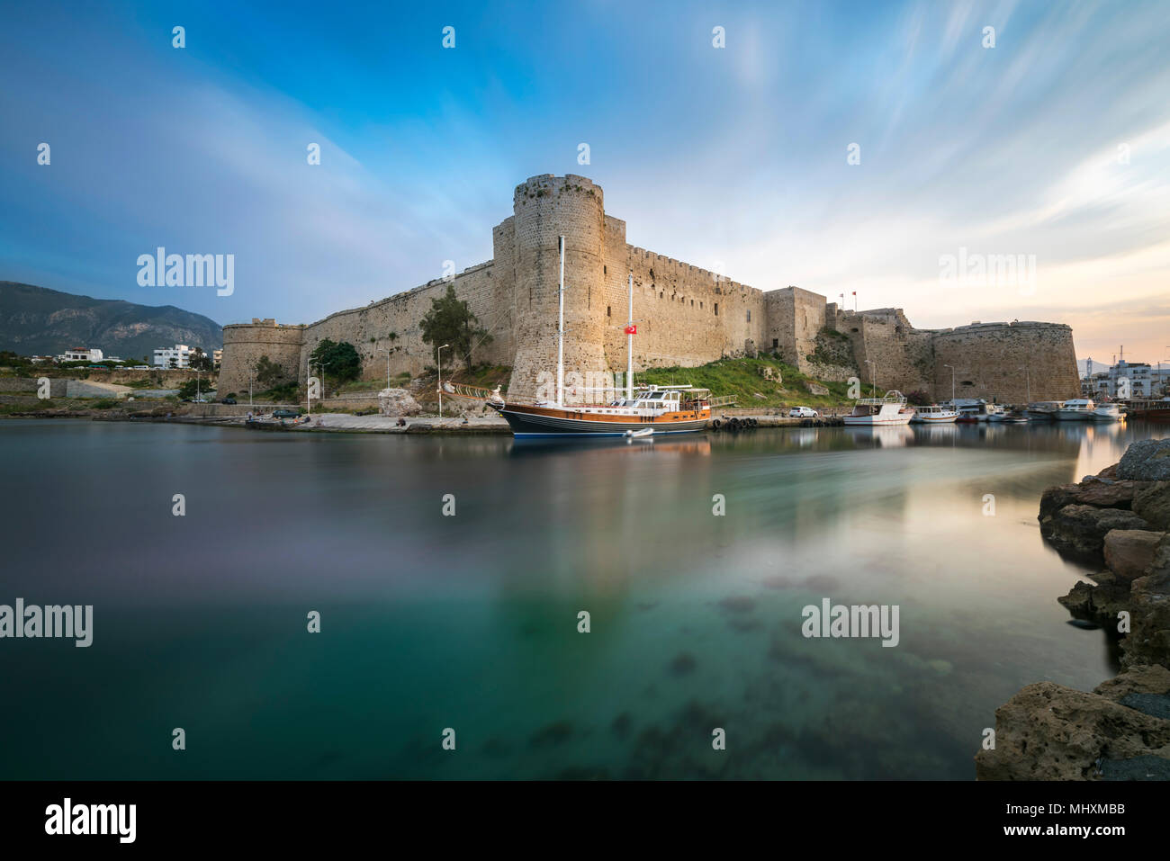 Scenic view of Kyrenia old castle during sunset Stock Photo