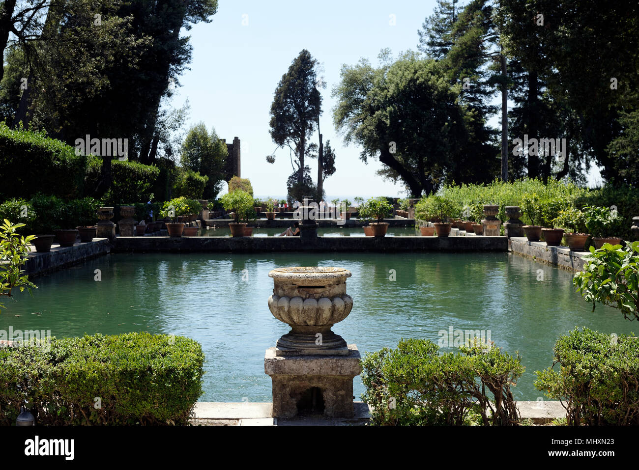 View of the lush level gardens and fishponds. Villa d’Este. Tivoli. Italy.  Villa d’Este, renowned for its spectacular use of water, represents the qu Stock Photo