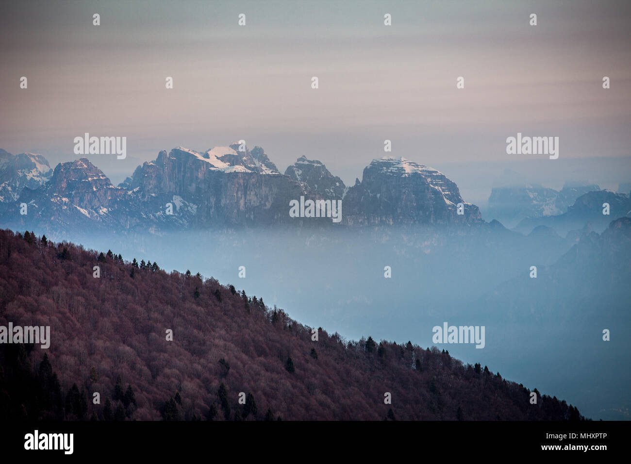 Sunrise on snow-covered Monti del Sole peaks dipped in the mist, Dolomites, Veneto, Italy Stock Photo
