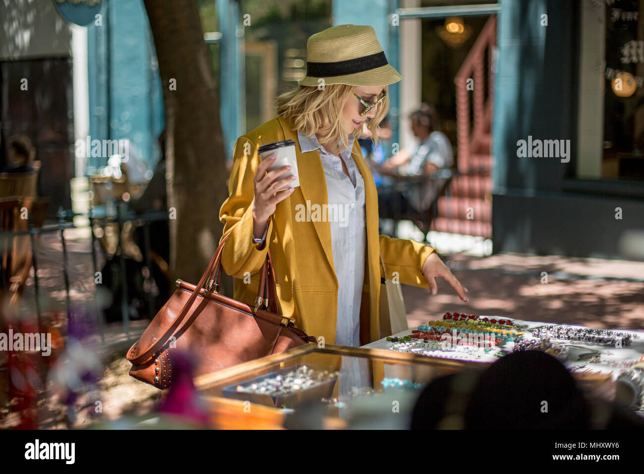 Woman at outdoor market stall, Cape Town, South Africa Stock Photo