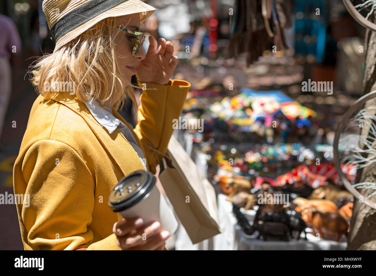 Woman at outdoor market stall, Cape Town, South Africa Stock Photo