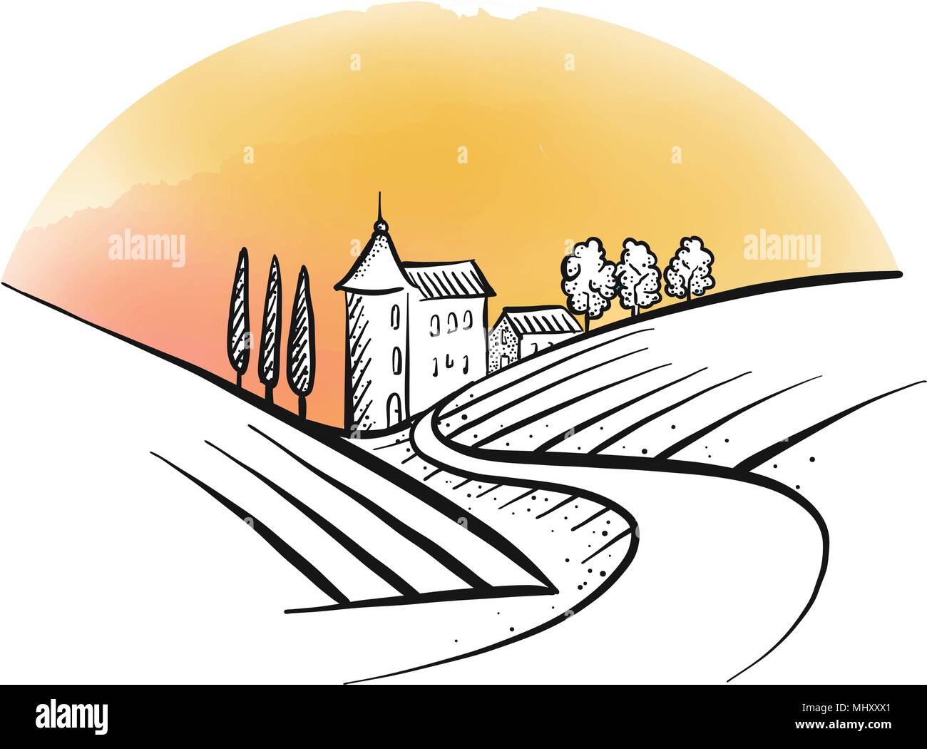 vector hand drawn farm houses sketch and nature, colored background. Use for labeling and logo design. Stock Vector