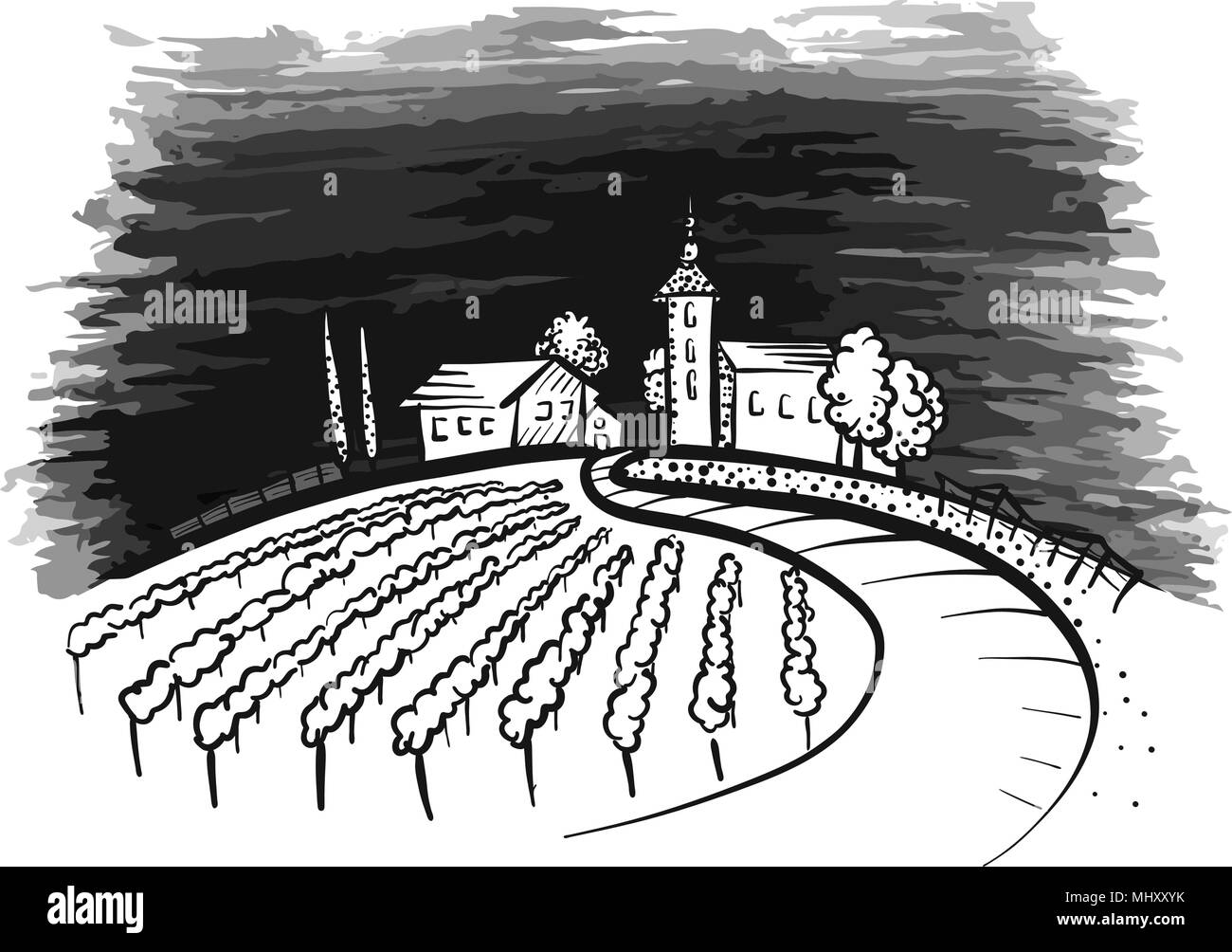 Vineyard and Houses on Hill with path. Handmade vector drawing with black painted Background. Stock Vector