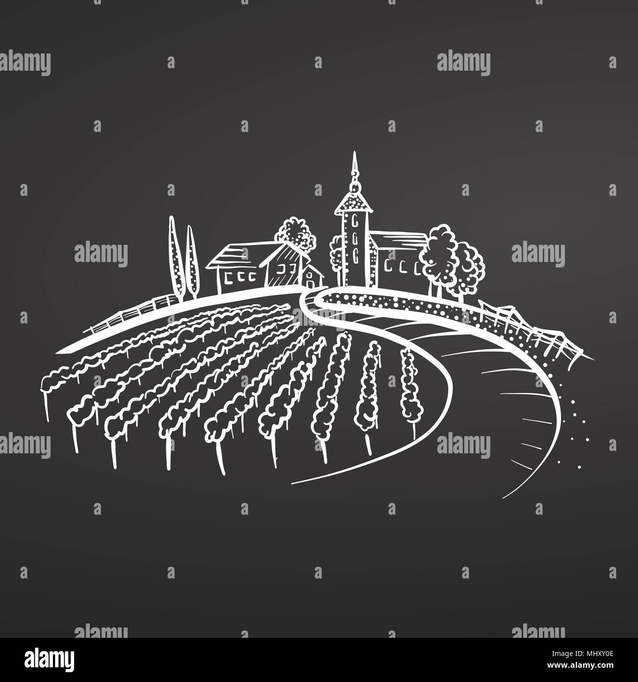 Winery chalk sketch on blackboard. Vector drawing for labeling, advertising and logo design. Stock Vector