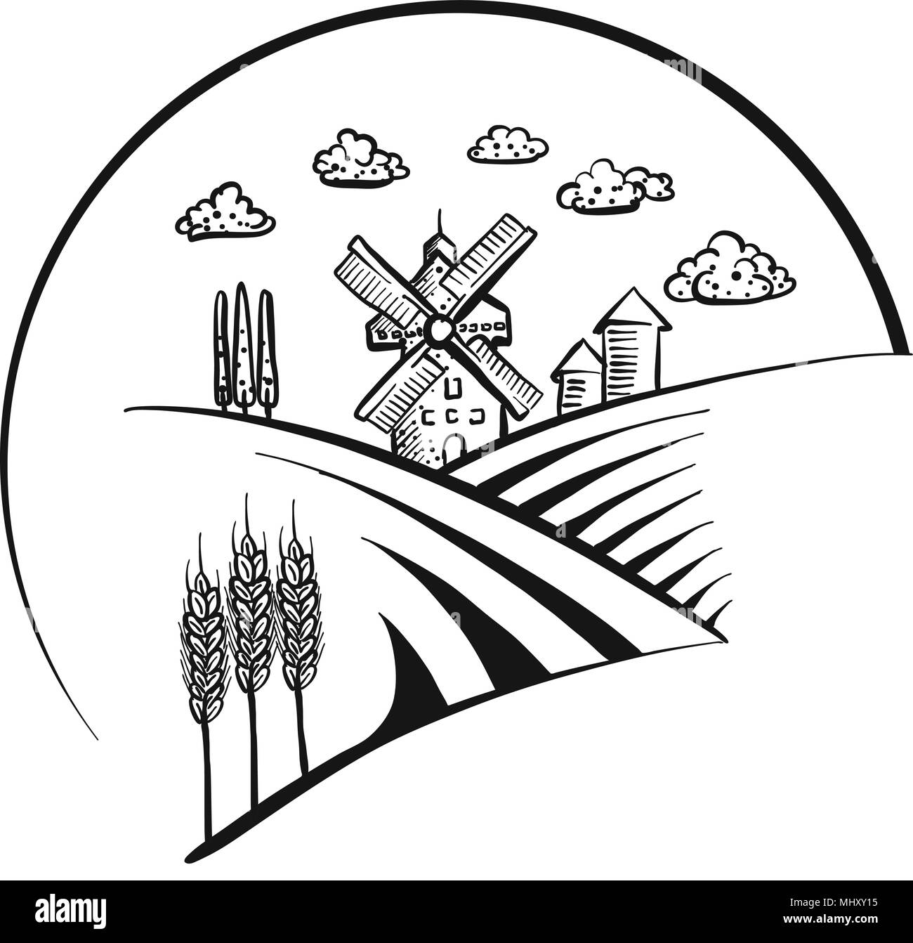 Windmill icon logo sketch. Hand-drawn vector illustration. Stock Vector