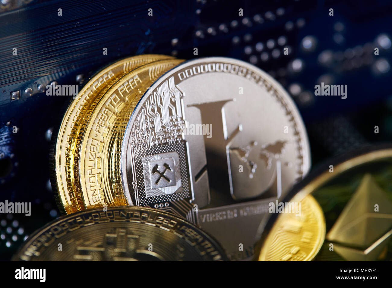 Digital Cryptocurrencys Bitcoin Ethereum And Litecoin On The - 
