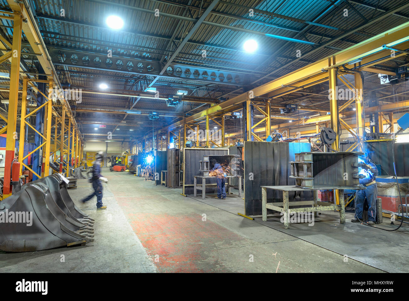 Wide angle view of welding bays in engineering factory Stock Photo