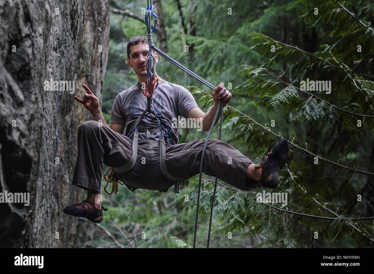 Man trad climbing, Squamish, Canada Stock Photo