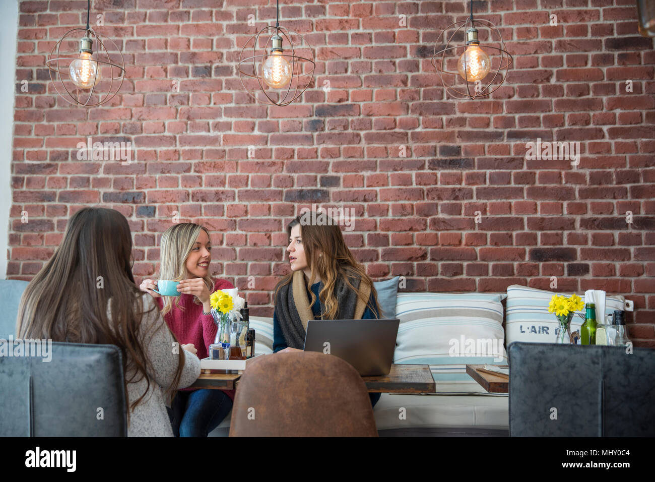 Female friends sitting in cafe, drinking coffee, using laptop Stock Photo