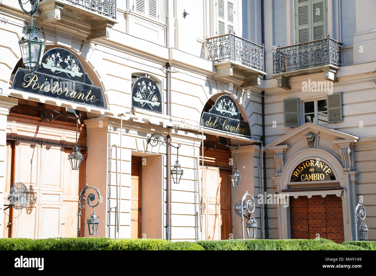 Ristorante del Cambio, opposite Palazzo Carignano, in Turin, Italy Stock Photo