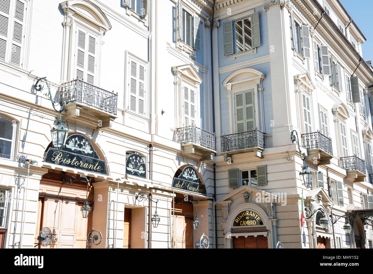 Ristorante del Cambio, opposite Palazzo Carignano, in Turin, Italy Stock Photo