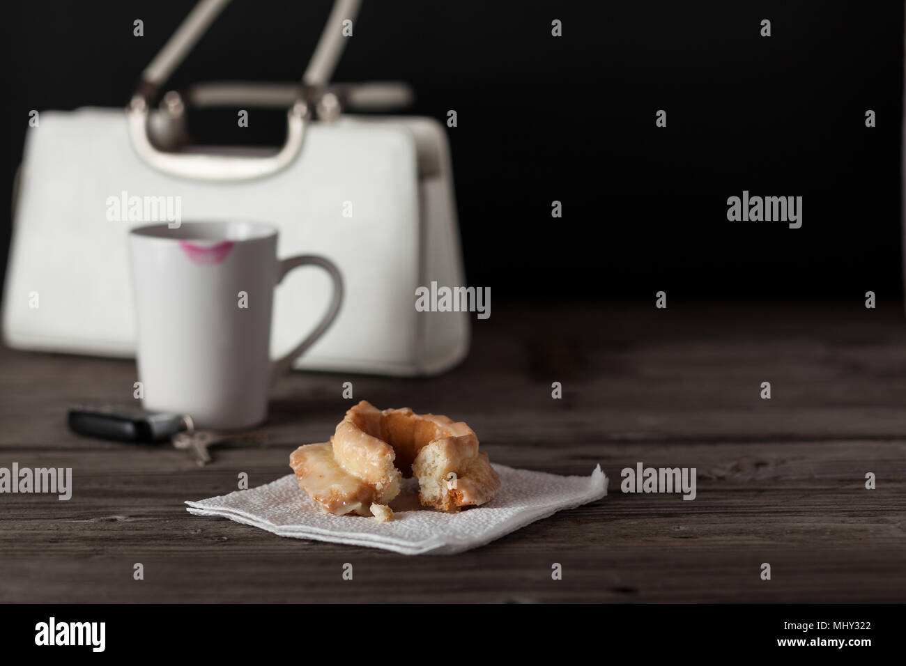 donuts of various size color and shape.  copy space in frame. Stock Photo