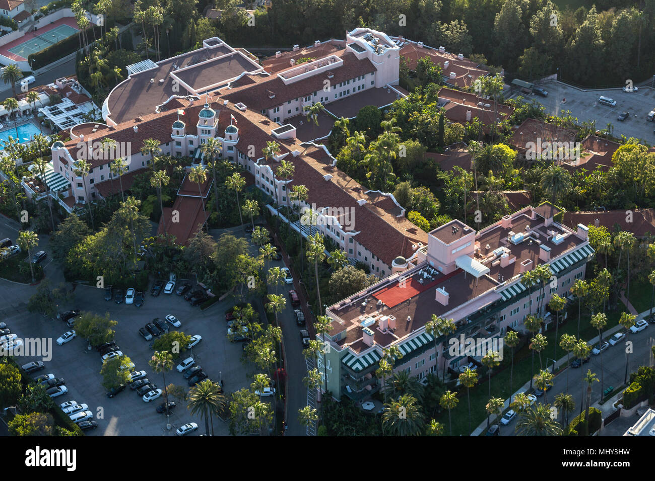 Beverly Hills, California, USA - April 18, 2018:  Aerial view of the historic, luxurious and stylish Beverly Hills Hotel near Los Angeles, California. Stock Photo