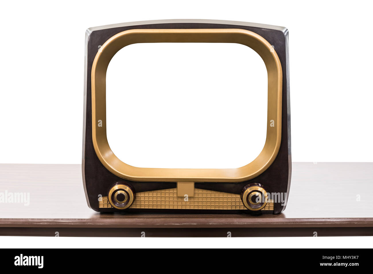 Vintage 1950s television on table isolated on white with empty screen and clipping path. Stock Photo