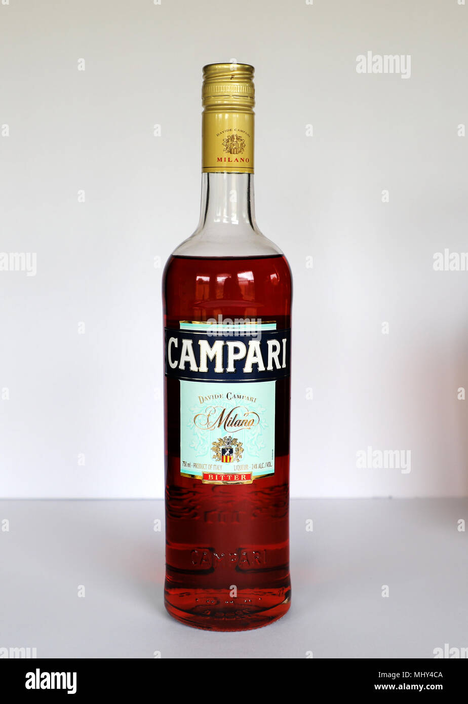 Campari Bitter Milano Product of Italy 24% Alcohol Bottle on White Background Stock Photo