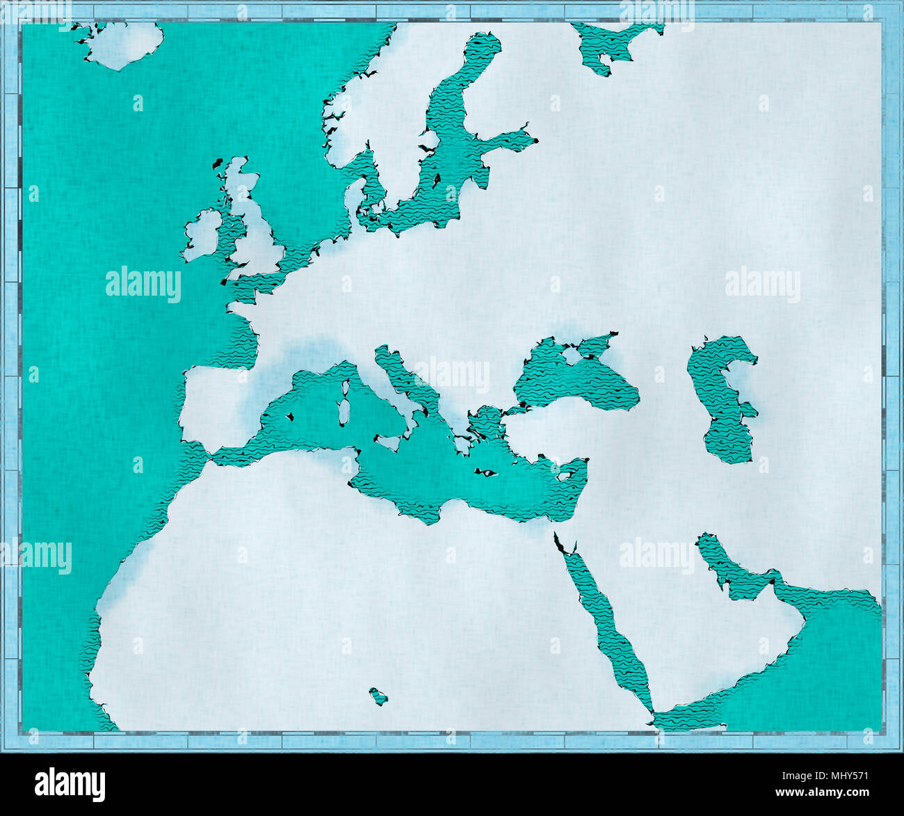 Map of the Mediterranean Sea and Europe, Africa and the Middle East. Cartography, geographical atlaswhite geographic map, physics Stock Photo