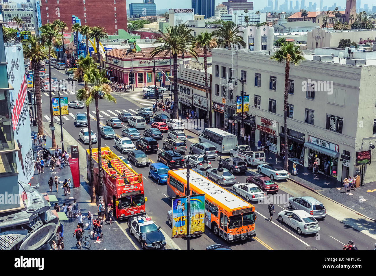 Hollywood/Los Angeles/California/USA - 07.19.2013: View from the top at Hollywood Blvd traffic on the sunny day. Lots of people walking on the sidewal Stock Photo