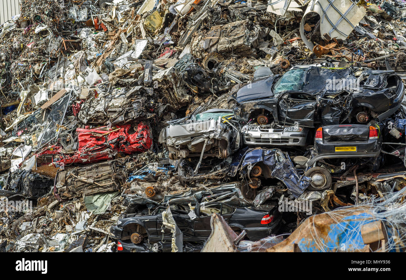 A large pile of scrapped cars. Stock Photo