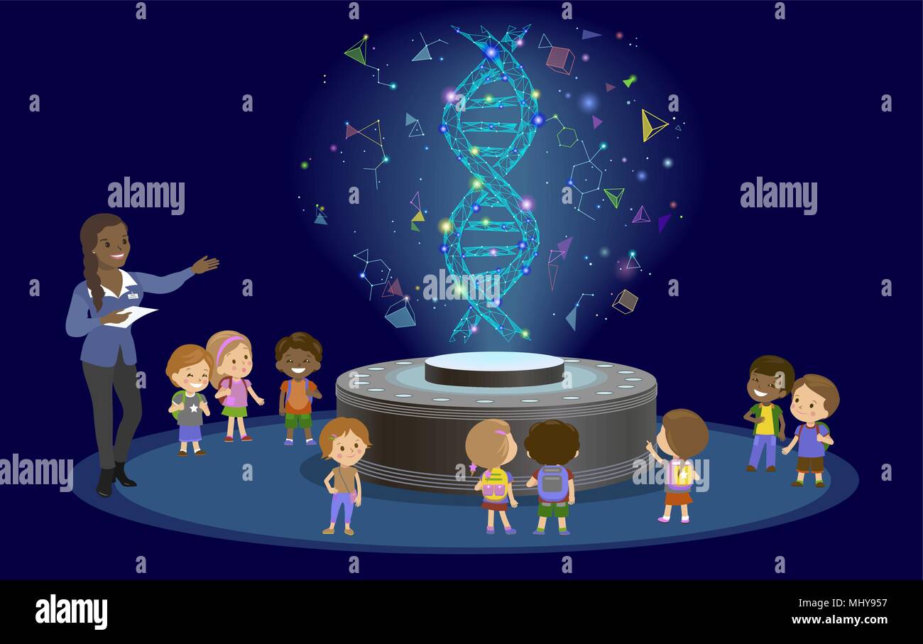 Innovation education elementary school learning technology - group of kids to molecule of DNA. hologram on biology lesson future museum center vector. Stock Vector