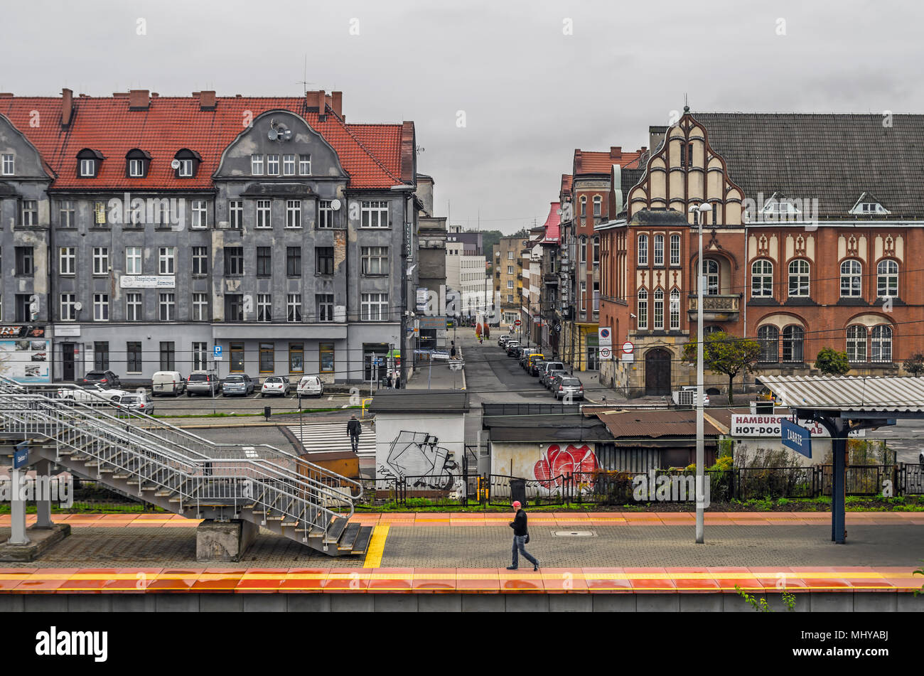 Historical center of Zabrze town with antique buildings and train platform in Zabrze, Silesian Upland, Poland. Stock Photo