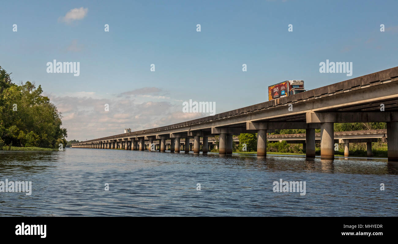 LaPlace, Louisiana - Interstate 55, built over water in the Maurepas Swamp, near New Orleans. Stock Photo
