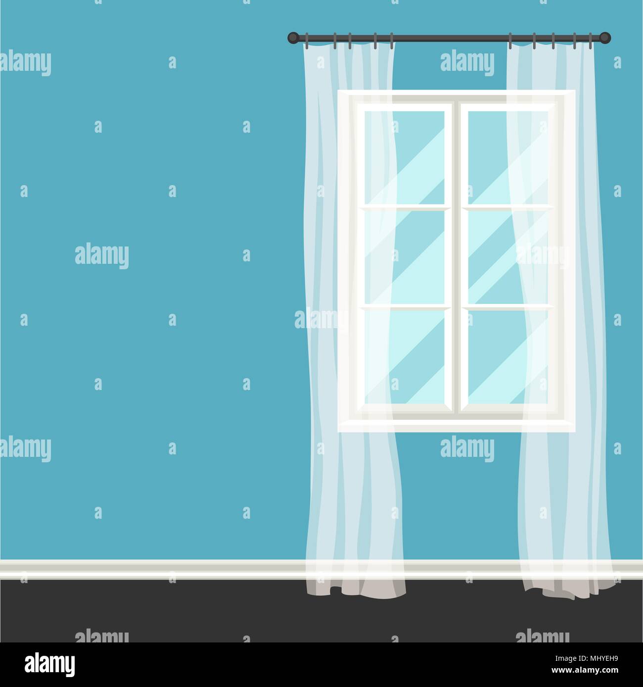White plastic window with transparent curtains on wall Stock Vector